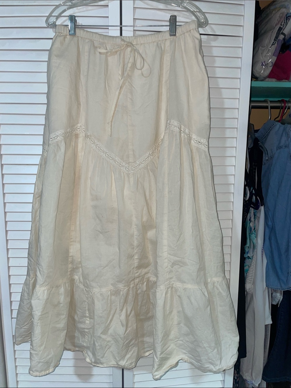 Patrons of Peace Cream Tiered Maxi Skirt with Lace Trim